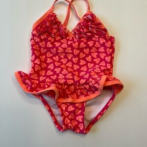 Pink Platinum Heart Patterned Pink Kids Swimsuit with Ruffles, Size 6/9M, NWOT